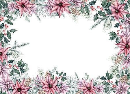 Christmas frame in the form of a restrangle made of ilex branches with red berries, poinsettia flower, snowberry, spruce, dusty miller, pine cone. Winter botanical Template. Hand painted watercolor illustration for wedding invitations, cardsの写真素材