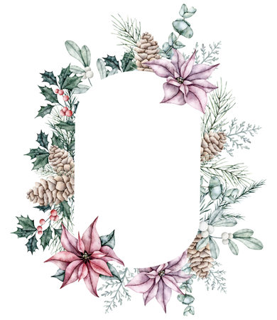 Christmas frame in the form of oval made of ilex branches with red berries, poinsettia flower, eucalyptus, snowberry, spruce, dusty miller, pine cone. Winter botanical wreath. Hand painted watercolor illustration for wedding invitations, cardsの写真素材