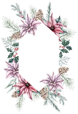 Christmas frame made of ilex branches with red berries, poinsettia flower, snowberry, spruce, dusty miller, pine cone. Winter botanical wreath. Hand painted watercolor illustration for wedding invitations, cardsの写真素材