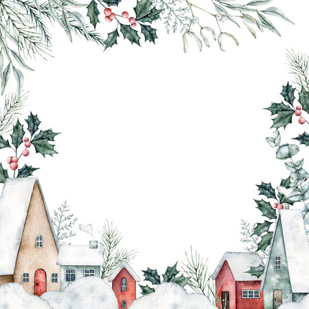 Watercolor frame with rural houses, ilex with red berries, eucalyptus and spruce branch. Botanical winter banner. Hand painted Christmas illustration for wedding invitation, cardの写真素材