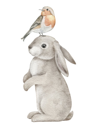 Watercolor woodland Robin bird and bunny. Hand drawn Beautiful song bird Erithacus rubecula, Rabbit illustration. Forest design element for wall stickers, posters, invitation and greeting cardsの写真素材