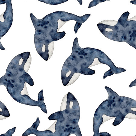 Seamless pattern with Killer whale or Orcinus orca. Wild inhabitants of the seas and oceans of the Arctic. Hand drawn watercolor line art illustration. Endless background for wallpaper, fabric, wrapping paperの写真素材