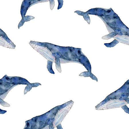 Seamless pattern with blue whale. Hand drawn humpback cetaceans fish, Underwater animal line art illustration. Endless background for wallpaper, fabric, wrapping paperの写真素材
