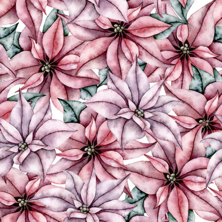 Seamless pattern of poinsettia flowers, Winter star flower. Botanical elements. Hand painted watercolor illustration for Christmas or New Year greeting card design, fabric, wrapping paper.の写真素材