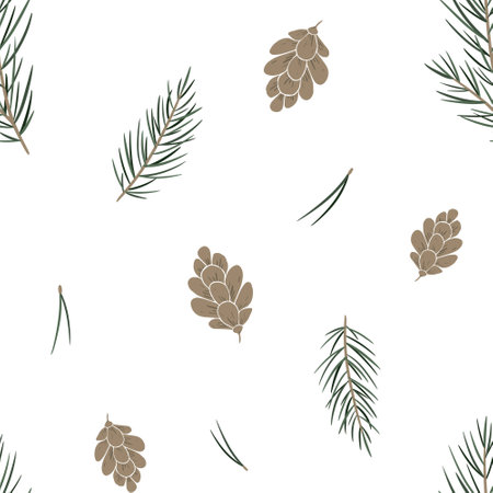 Seamless pattern of pine branch and cones in scandinavian style. Botanical elements twig of conifers evergreen tree. Hand drawn Stylized spruce digital illustration. Endless print for wallpapers, fabricの写真素材