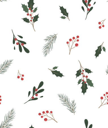 Seamless pattern of simple botanical elements in scandinavian style. Twig of conifers evergreen tree, ilex, red berries. Hand drawn Stylized repeated background. Endless print for wallpapers, fabricの写真素材