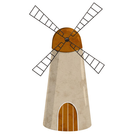 Digital windmill tower in scandinavian style. Hand drawn Netherlands landscape. Digital Illustration on isolated background for cards, postcards, posters, souvenirs, kids, baby, nurseryの写真素材