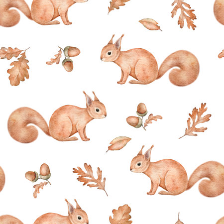 Seamless pattern with Squirrel, leaves and acorn. Woodland animals. Autumn background. Endless Hand drawn watercolor fall illustration for wallpaper, fabric, wrapping paper.の写真素材