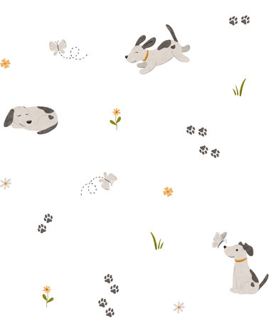 Seamless minimal pattern with cute puppy, butterfly, simple daisy flowers. Endless dog and chamomile background in scandinavian style. Stylized floral digital illustration. Scandi repeating texture for wrapping paper, fabric, wallpaper.の写真素材