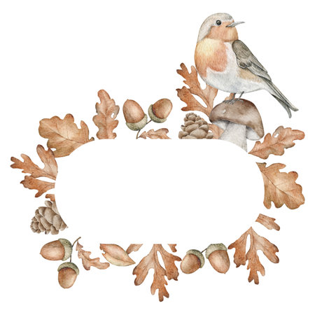 Watercolor fall wreath. Hand drawing otanical woodland design with song Robin bird Erithacus rubecula, pine cone, leaves, mushroom and acorn for wall stickers, posters, invitation and greeting cards.の写真素材