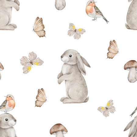 Seamless pattern with bunny, Robin redbreast bird, butterfly and boletus. Woodland animals background. Endless Hand drawn watercolor forest illustration for wallpaper, fabric, wrapping paper.の写真素材