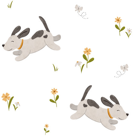 Seamless minimal pattern with cute puppy, butterfly, simple daisy flowers. Endless dog and chamomile background in scandinavian style. Stylized floral digital illustration. Scandi repeating texture for wrapping paper, fabric, wallpaper.の写真素材