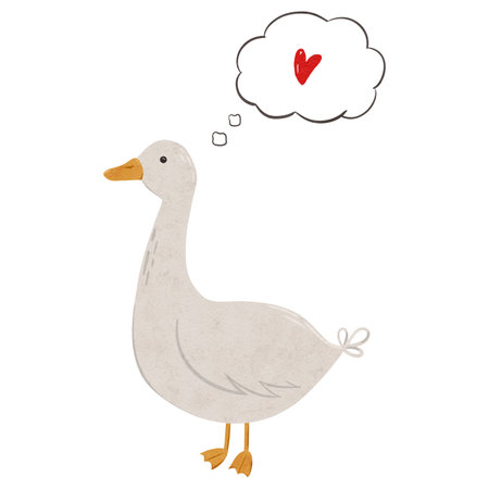 Cute goose fall in love in scandinavian style. Digital hand drawn illustration with farm animal. Romantic bird for textile design, Valentine cards, prints. Drawing of character in cartoon style on isolatedの写真素材