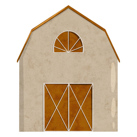 Digital farm barn house scandinavian style for keeping animals or agricultural equipment. Cartoon rural building. Hand drawn Digital Illustration garden granary or storehouse on isolated backgroundの写真素材