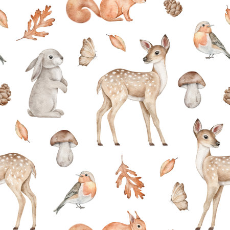 Seamless pattern with deer, rabbit, squirrel, bird, butterfly, pine cone, leaves, boletus and acorn. Woodland animals. Autumn forest background. Hand drawn watercolor fall illustration for wallpaper, fabric, wrapping paper.の写真素材