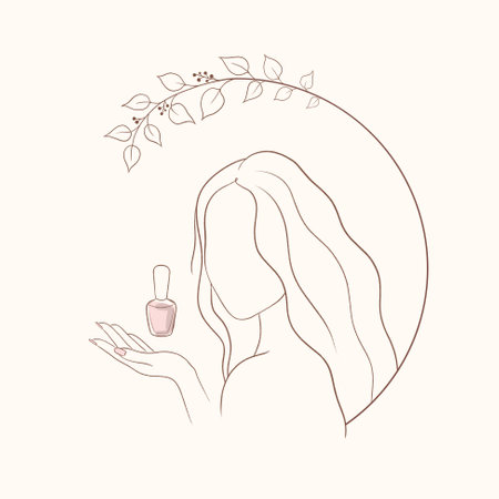 Logo for beauty salon. Linear art. Pink Nail polish, manicured female hand, beautiful woman face, eyelash extension, makeup, hairdressing. Diadem flower. Hand one line drawingの写真素材