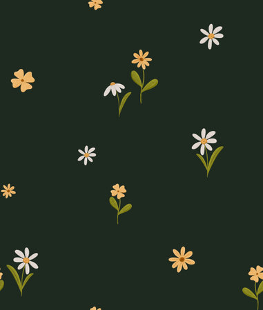 Seamless minimal pattern with simple daisy flowers. Endless chamomile on dark green background in scandinavian style. Stylized floral digital illustration. Scandi repeating texture for wrapping paper, fabric, wallpaper.の写真素材