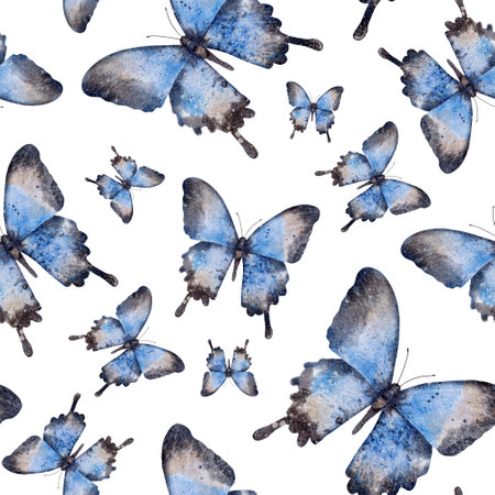 Seamless pattern with moth or blue butterfly. Hand draw watercolor Insect illustration. Endless background for wallpaper, fabric, wrapping paper.の写真素材