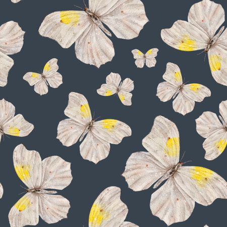 Seamless pattern with moth or white butterfly. Hand draw watercolor Insect illustration. Endless background for wallpaper, fabric, wrapping paper.の写真素材