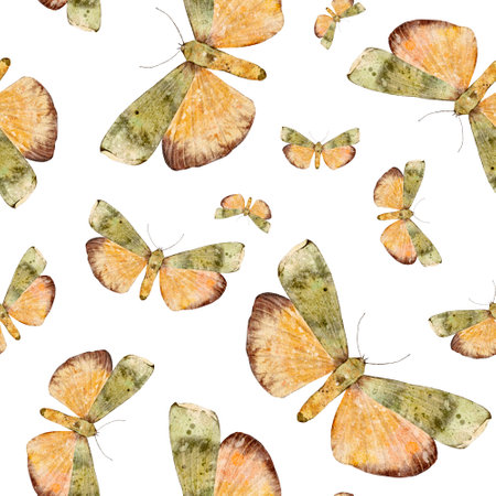 Seamless pattern with green yellow moth or butterfly. Hand draw watercolor Insect illustration. Endless background for wallpaper, fabric, wrapping paper.の写真素材