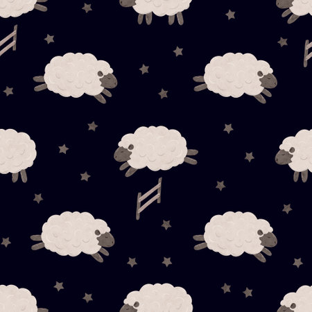 Seamless pattern with Cute cartoon baby Sheep jumping over the fence. Good night. Counting sheep for insomnia. Endless background in scandinavian style with magical stars. Digital illustration for kids, children , nursery, fabric, wallpaperの写真素材