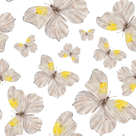 Seamless pattern with moth or white butterfly. Hand draw watercolor Insect illustration. Endless background for wallpaper, fabric, wrapping paper.の写真素材