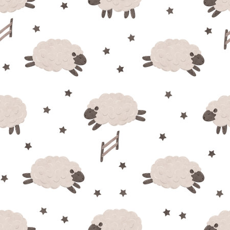 Seamless pattern with Cute cartoon baby Sheep jumping over the fence. Good night. Counting sheep for insomnia. Endless background in scandinavian style with magical stars. Digital illustration for kids, children , nursery, fabric, wallpaperの写真素材