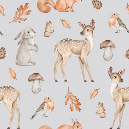 Seamless pattern with deer, rabbit, squirrel, bird, butterfly, pine cone, leaves, boletus and acorn. Woodland animals. Autumn forest background. Hand drawn watercolor fall illustration for wallpaper, fabric, wrapping paperの写真素材