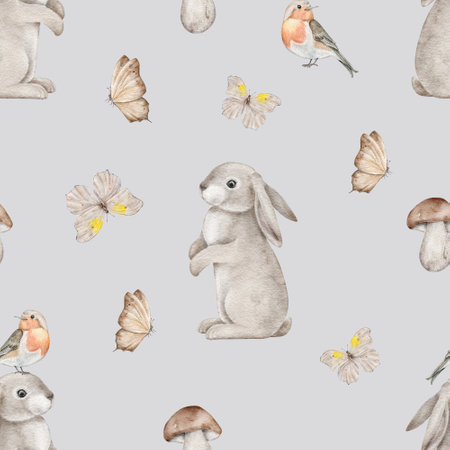Seamless pattern with bunny, Robin redbreast bird, butterfly and boletus. Woodland animals background. Endless Hand drawn watercolor forest illustration for wallpaper, fabric, wrapping paperの写真素材