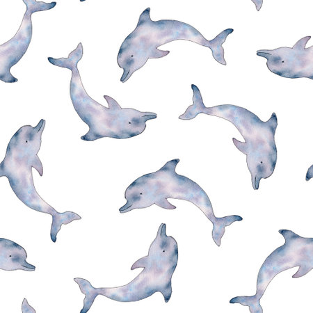 Seamless pattern with dolphin. Hand drawn cetaceans fish, Underwater animal line art illustration. Endless background for wallpaper, fabric, wrapping paperの写真素材