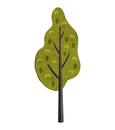 Cute cartoon deciduous tree in scandinavian style.. Bright stylized wonderland forest. Bushe, birch, poplar, aspen with green foliage. Hand drawn digital illustration for kids, baby, nursery, card, patternの写真素材
