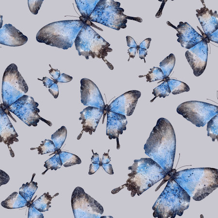 Seamless pattern with moth or blue butterfly. Hand draw watercolor Insect illustration. Endless background for wallpaper, fabric, wrapping paperの写真素材