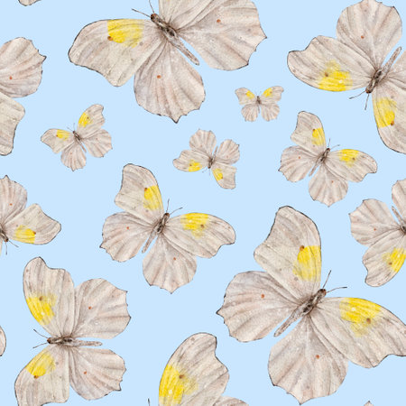 Seamless pattern with moth or white butterfly. Hand draw watercolor Insect illustration. Endless background for wallpaper, fabric, wrapping paper.の写真素材
