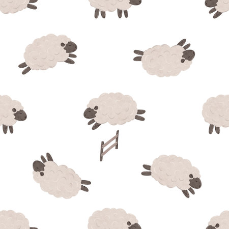 Seamless pattern with Cute cartoon baby Sheep jumping over the fence. Good night. Counting sheep for insomnia. Endless background in scandinavian style with magical stars. Digital illustration for kids, children , nursery, fabric, wallpaperの写真素材