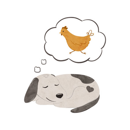 Cute puppy Stabyhoun sleeping and thinking about the chicken. Digital hand drawn illustration with a small baby dog for textile design, poster, card. Cartoon style character drawing for printingの写真素材