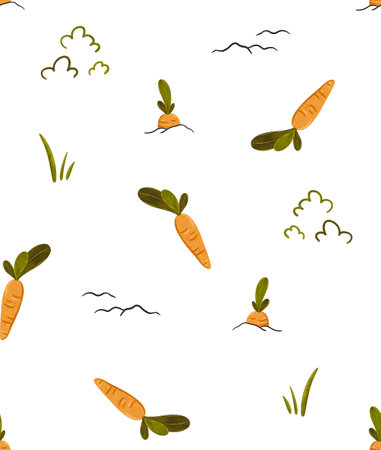 Cute farm carrot seamless pattern. Fresh vegetable for fabric, design, card, print or background. Cartoon doodle illustration for kids with textured effect. Hand drawnの写真素材