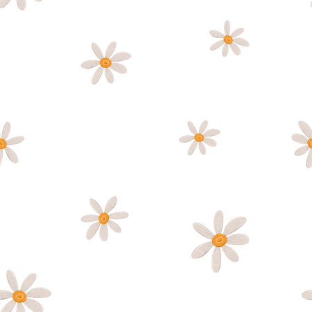 Seamless minimal pattern with simple daisy flowers. Endless chamomile background in scandinavian style. Stylized floral digital illustration. Scandi repeating texture for wrapping paper, fabric, wallpaper.の写真素材