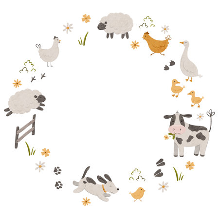 Cute farm animals wreath cow, lamb, chick, dog, cow, sheep, chicken and goose. Domestic animals kid set in round frame hand drawn illustration. Rural country card template or local market design for banners, invitations.の写真素材