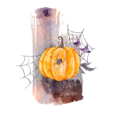Halloween orange pumpkin with spider and spider web, mushroom, leaves, paint strokes and splashes. Watercolor scary party hand drawn illustration. Symbol of horror for stickers, holidays designの写真素材