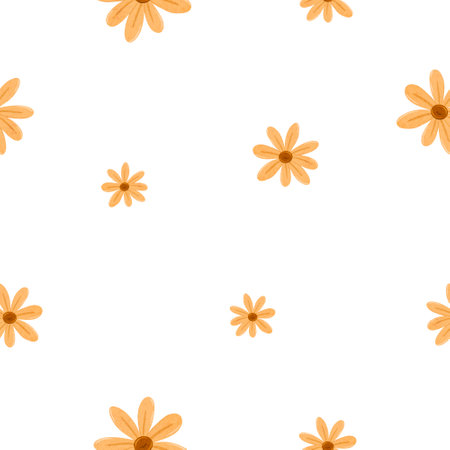 Seamless minimal pattern with simple daisy flowers. Endless chamomile background in scandinavian style. Stylized sunflowers floral digital illustration. Scandi repeating texture for wrapping paper, fabric, wallpaper.の写真素材