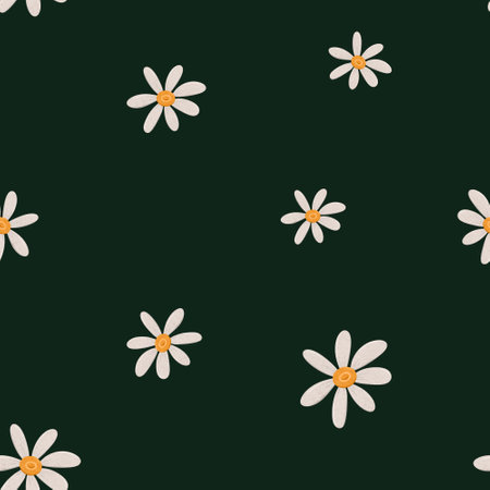 Seamless minimal pattern with simple daisy flowers. Endless chamomile background in scandinavian style. Stylized floral digital illustration. Scandi repeating texture for wrapping paper, fabric, wallpaper.の写真素材