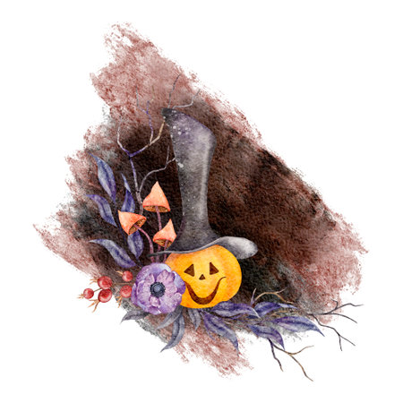 Scary Jack o Lantern pumpkin in long hat with paint strokes and splashes for halloween party. Wreath with branches with leaves, twigs, anemone and mushroom, Watercolor hand drawn holiday illustration.の写真素材