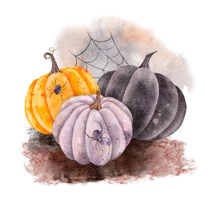 Halloween orange pumpkin with spider and spider web, paint strokes and splashes. Watercolor scary party hand drawn illustration. Symbol of horror for stickers, holidays designの写真素材