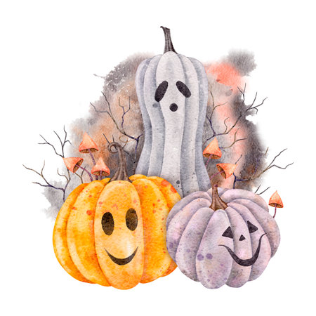 Scary Jack o Lantern with paint strokes and splashes for halloween party. Watercolor card of three pumpkins, branches and mushroom, Holiday hand drawn illustration. Symbol of horror for stickers, holidays design, postersの写真素材