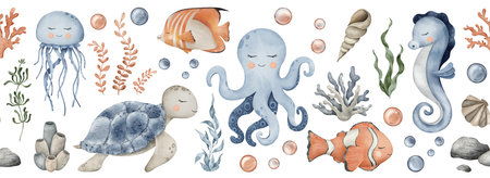 Underwater Animals seamless border. Cute undersea endless line with octopus, seahorse, jellyfish, turtle, clownfish, shells, algae, corals and bubbles. Hand drawn watercolor illustration of sea Fish for kidsの写真素材