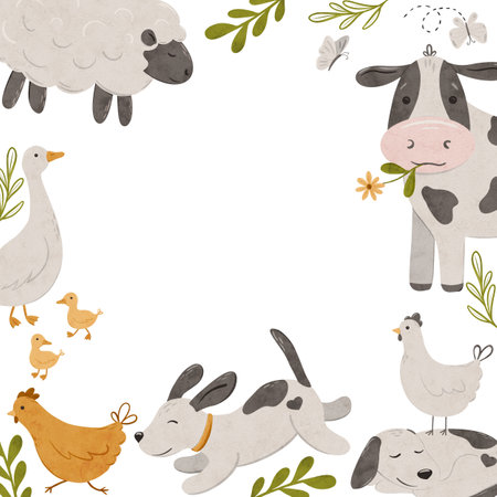 Cute farm animals frame cow, lamb, chick, dog, cow, sheep, chicken and goose. Domestic animals kid set in square wreath hand drawn illustration. Rural country card template or local market design for banners, invitations.の写真素材