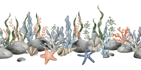 Seamless border of sea Pebbles, marine coral, starfish, seaweed algae. Hand drawn watercolor illustration. Marine, tropical collection for souvenir, posters, sticker, printing, bannerの写真素材