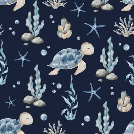 Marine seamless pattern sea animals, plants, seashell, starfish, marine corals, seaweed algae. Hand drawn watercolor background of sea fish for nursery, wallpaper, textileの写真素材