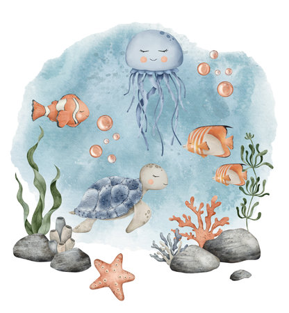 Underwater Animals. Cute undersea bundle with jellyfish, turtle, clownfish, shells, algae, corals and bubbles. Hand drawn watercolor illustration of sea Fish for kids designの写真素材