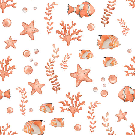 Seamless pattern of Anemonefish or Clownfish in orange, black and white color and starfish, marine coral, seaweed algae. Hand drawn watercolor background of sea fish for nursery, wallpaper, textileの写真素材